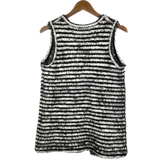 Spense | Black & White Stripe Fuzzy Eyelash Knit Sleeveless Cardigan SweaterVest - Picture 2 of 7